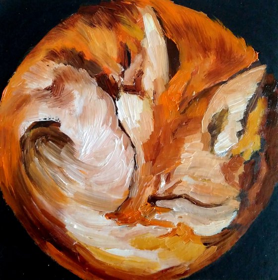 Sleeping Fox, Fox painting Original Art Small Animal Artwork Miniature Oil Wall Art