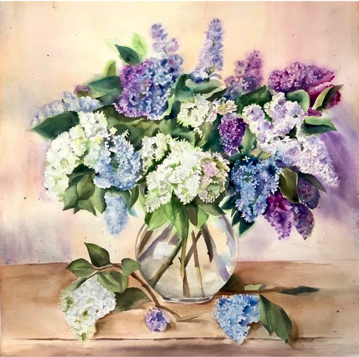 Impressionistic Botanical Watercolour By Irina Ponna, 25 X 25, Lilac, Original Artwork