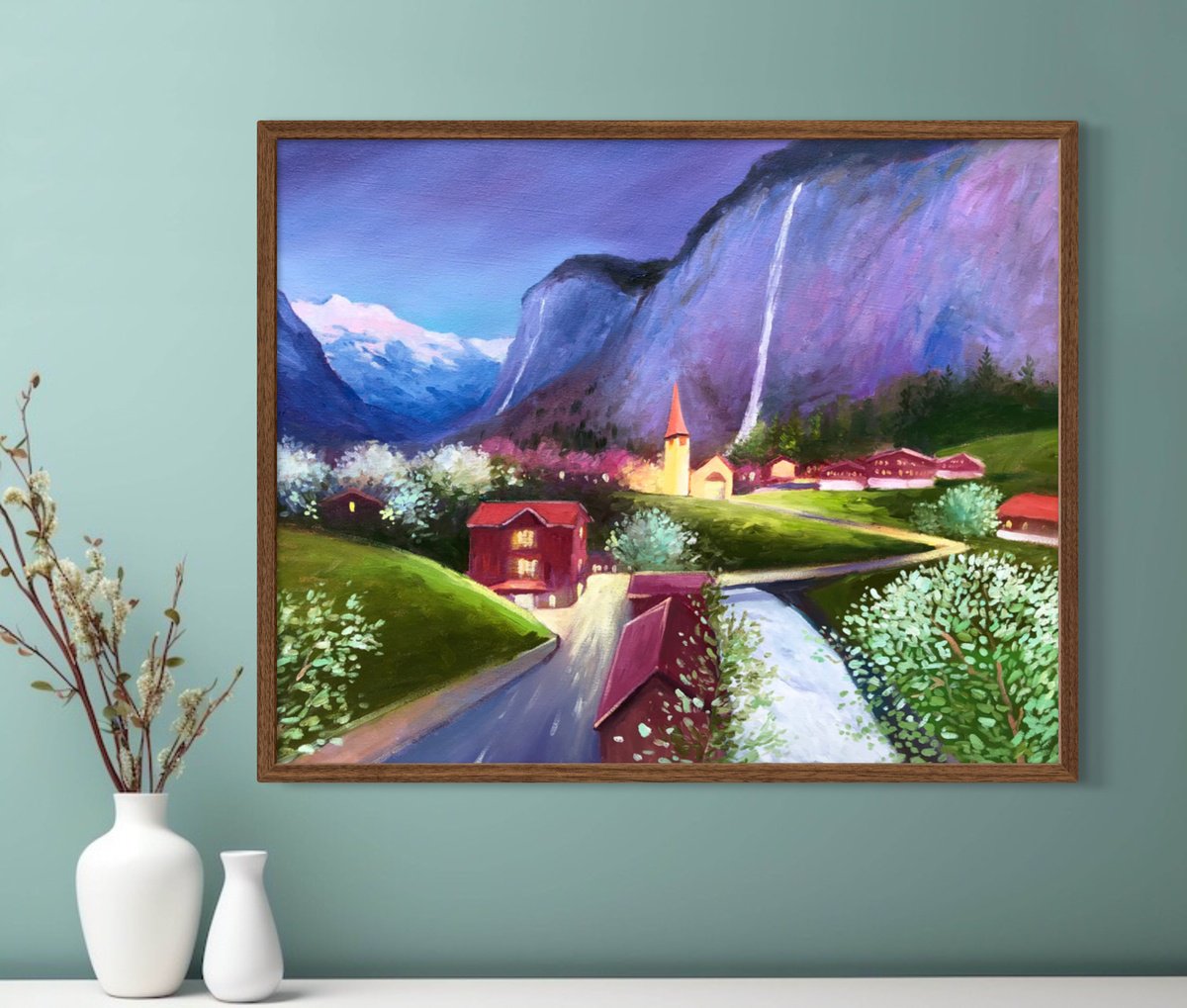 Impressionistic Cityscapes Oil Painting By Volodymyr Smoliak, 24 X 20", Lauterbrunnen, Evening, Original Artwork