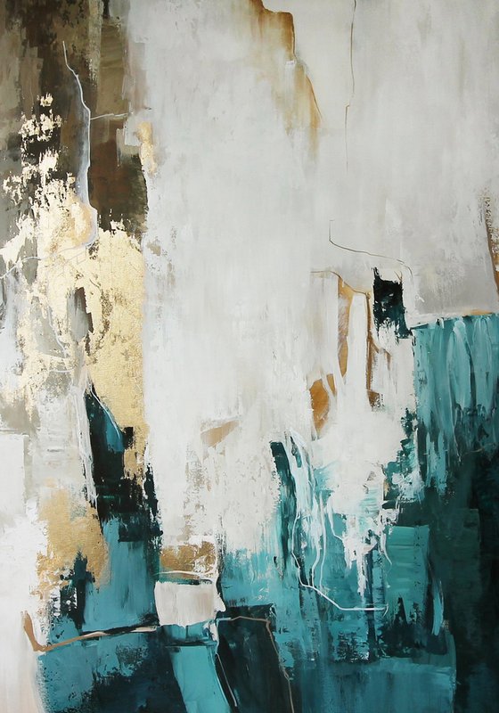 "Teal bloom 2" Teal gold cream abstract art