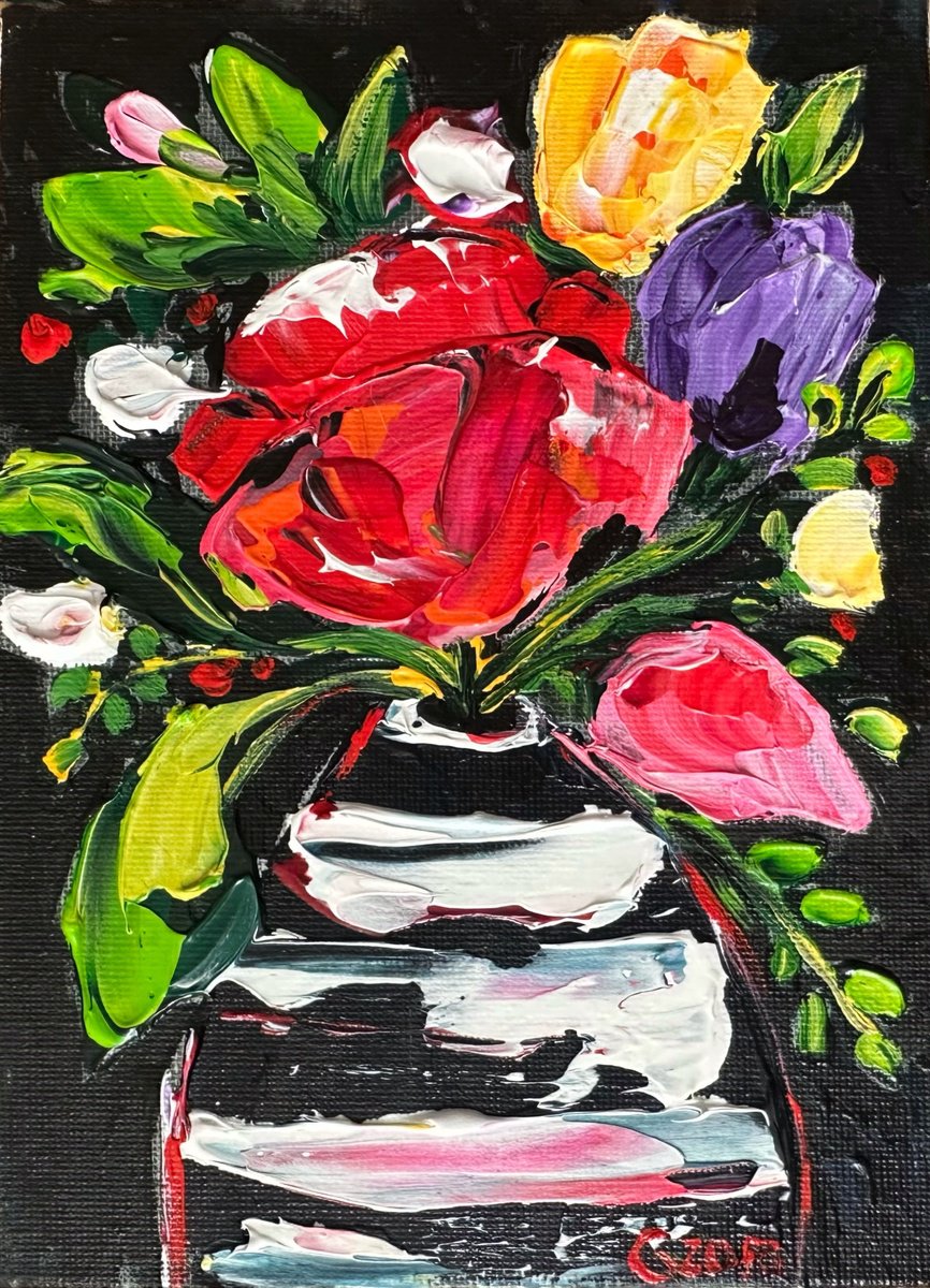 Impressionistic Botanical Acrylic Painting By Oksana Fedorova, 5 X 7", Flowers With Black Background, Original Artwork