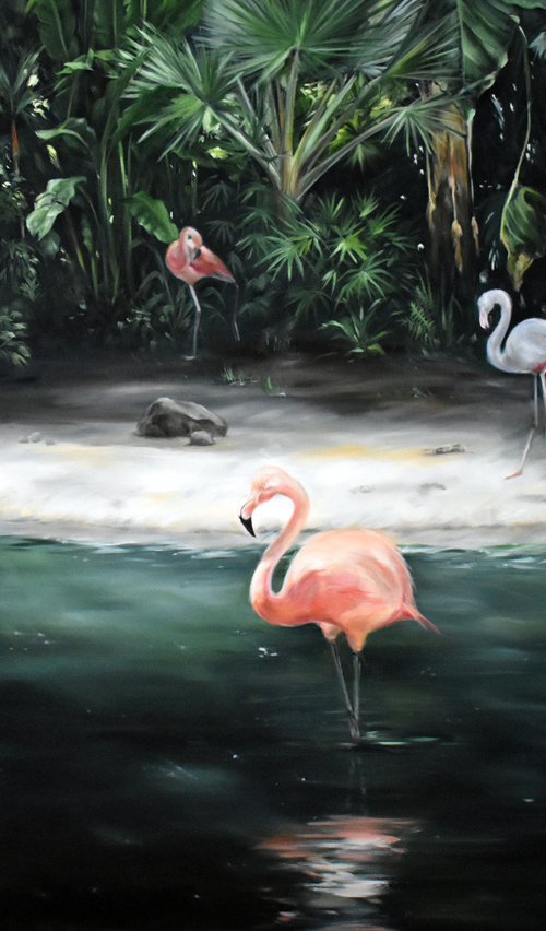 Author's oil painting of the tropics "Landscape with flamingos" 140 * 100 cm by Irina Ivlieva