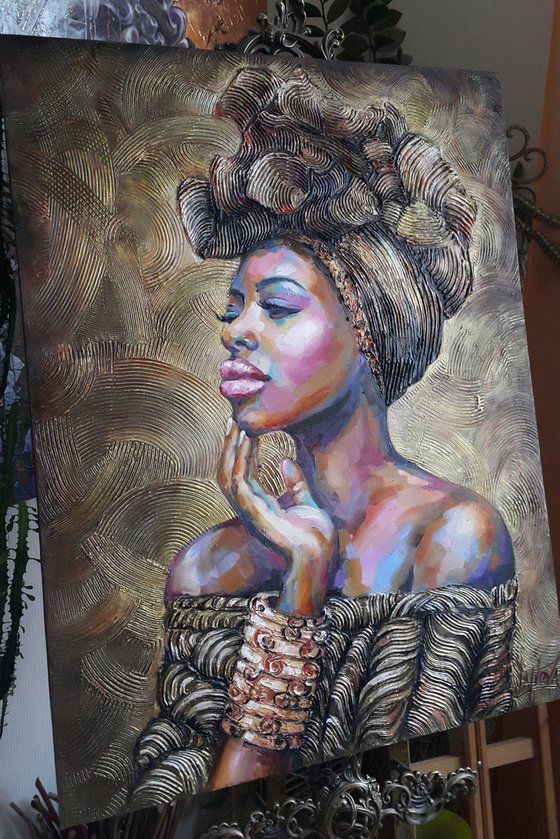 Painting portrait Gold of Africa, portrait of african woman