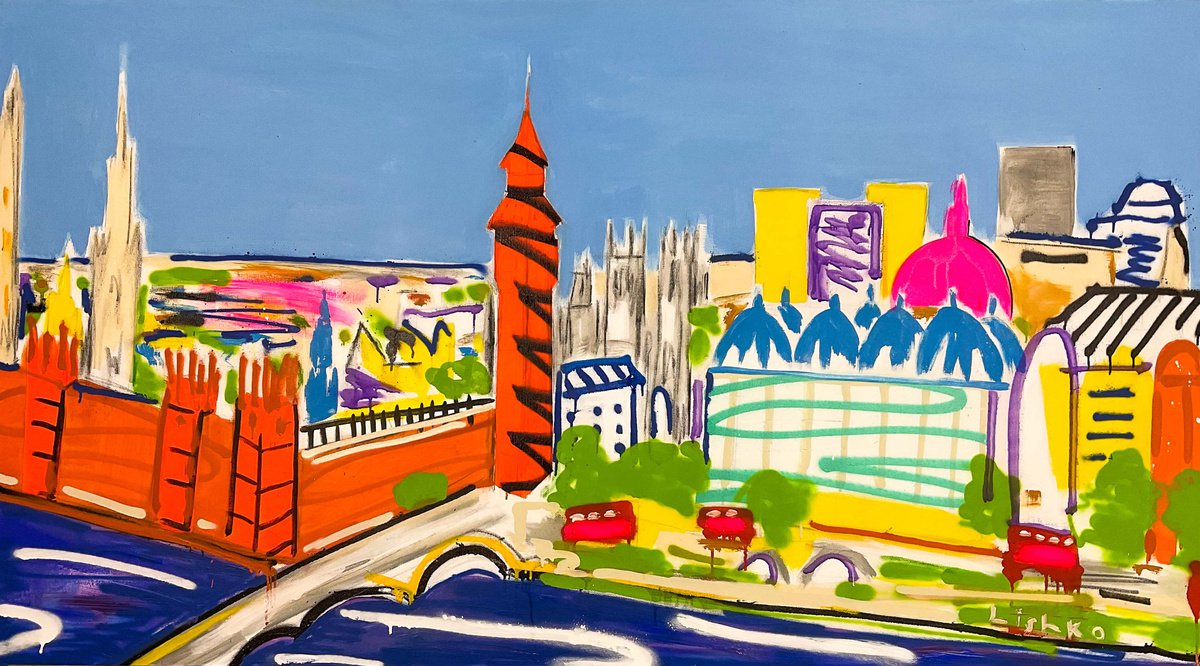 Expressive Cityscapes Acrylic Painting By V. Lishko, 71 X 39", London, Original Artwork