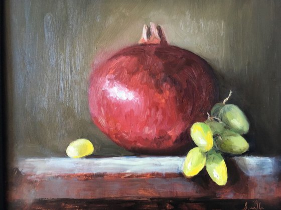 Pomegranate & Green Grapes; Classical still life oil painting.