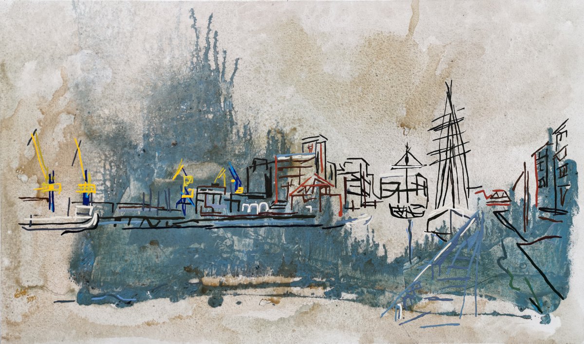 Expressive Animal Acrylic Painting By Uli Lachelt, 53 X 31", View Of Wismar Harbour, Original Artwork