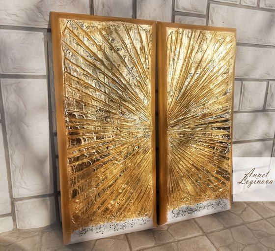 Golden paintings, Set of two art, gold leaf