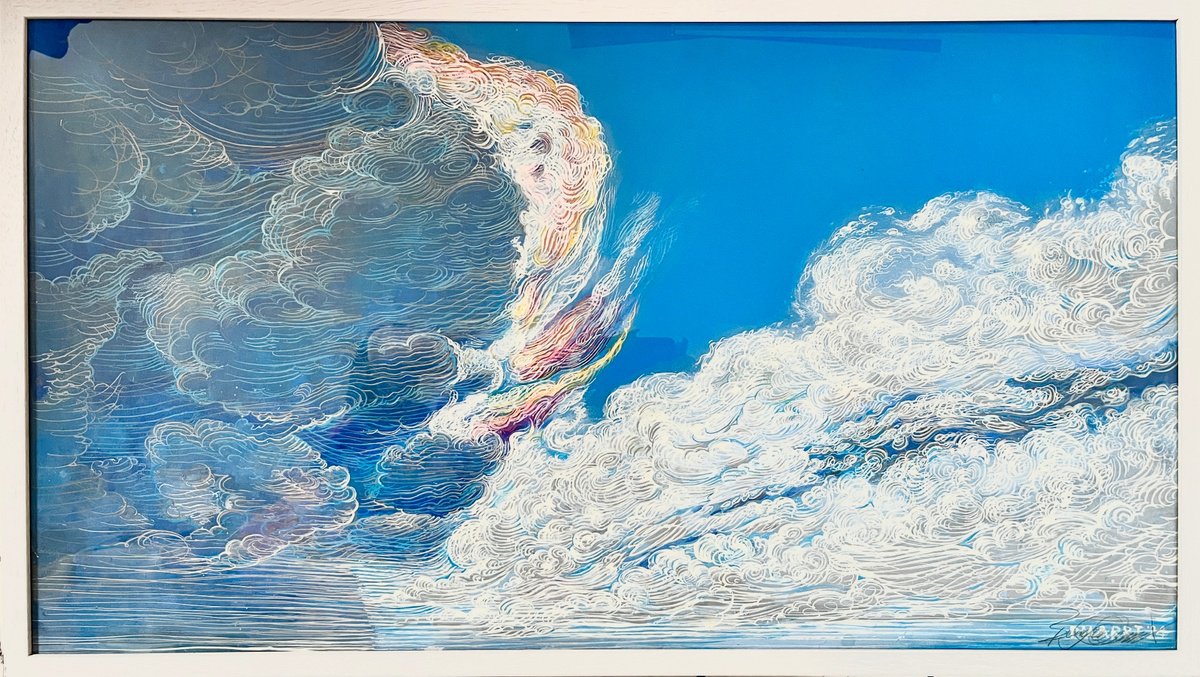 Illustrative Landscape Acrylic Painting By Benjamin Duarri, 37 X 21, Fire Rainbow Skyscape, Original Artwork