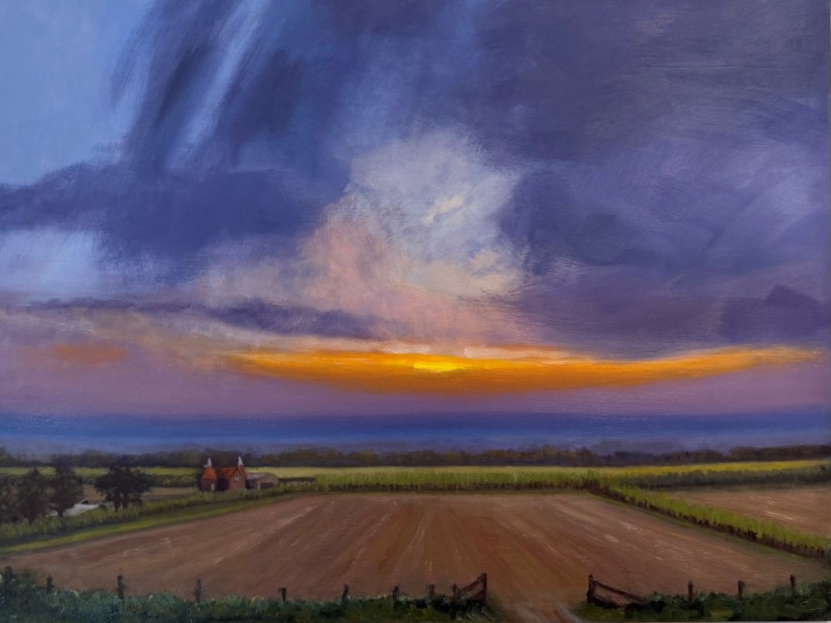 Illustrative Oil Painting , English Countryside - Setting Sun By Gary Obee, 24 X 18, Artwork For Sale On Artfinder