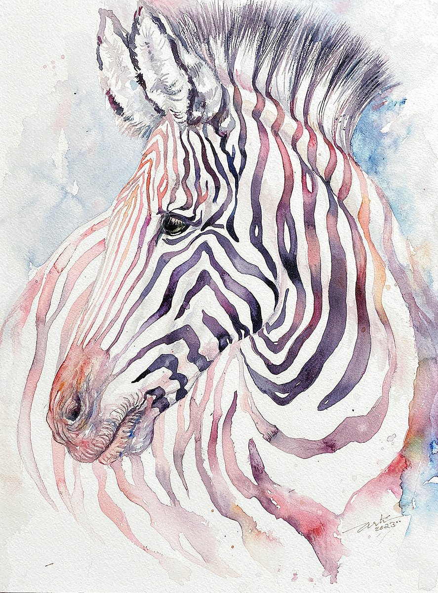 Photorealistic Animal Watercolour By Arti Chauhan, 12 X 16, Peach Glory_Zebra, Original Artwork