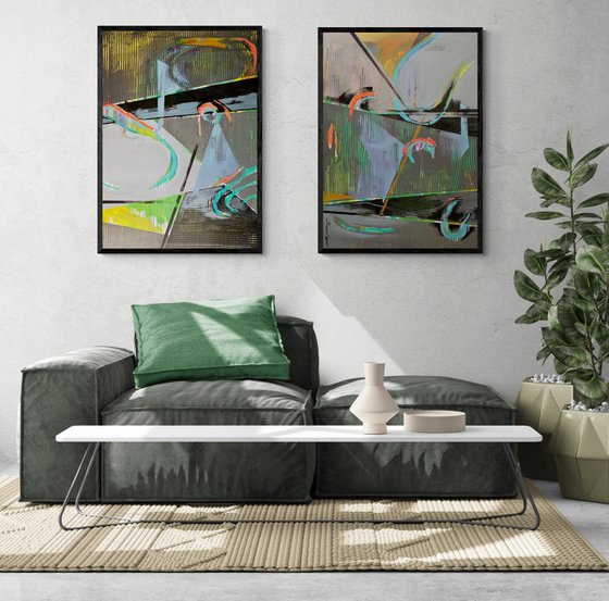 Super Big Abstract - "Space abstract" - Diptych - Geometric abstract - 90x260cm