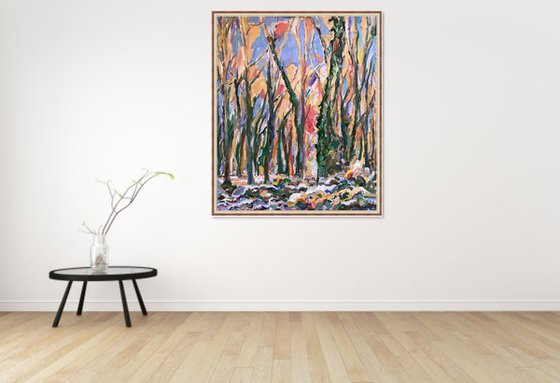 MORNING IN THE WINTER FOREST - original landscape painting, oil on canvas, impressionist art 120x100