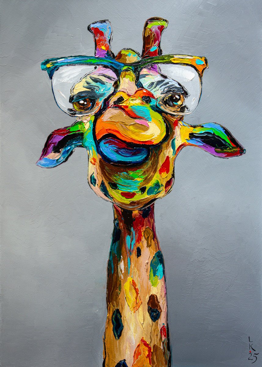 Expressive Animal Oil Painting By Liubov Kuptsova, 20 X 28", Professor Longneck, Original Artwork