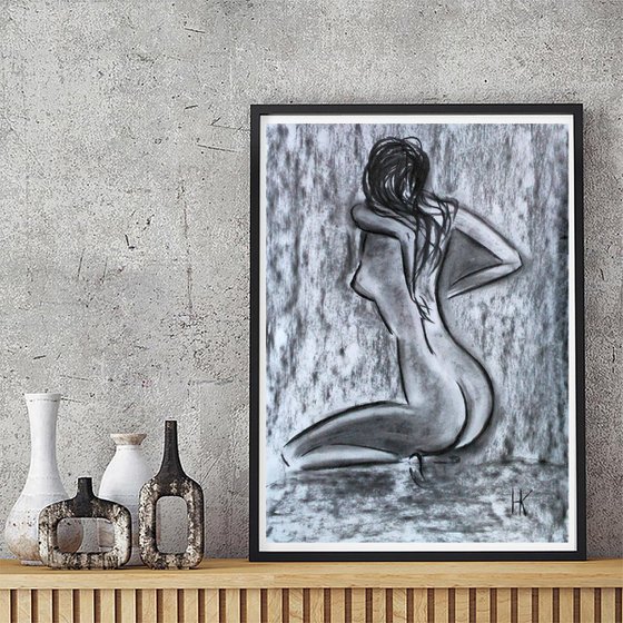 Nude Drawing Female Original Art Woman Nude Painting Black Monochrome Erotic Home Wall Art 13 by 18"  by Halyna Kirichenko