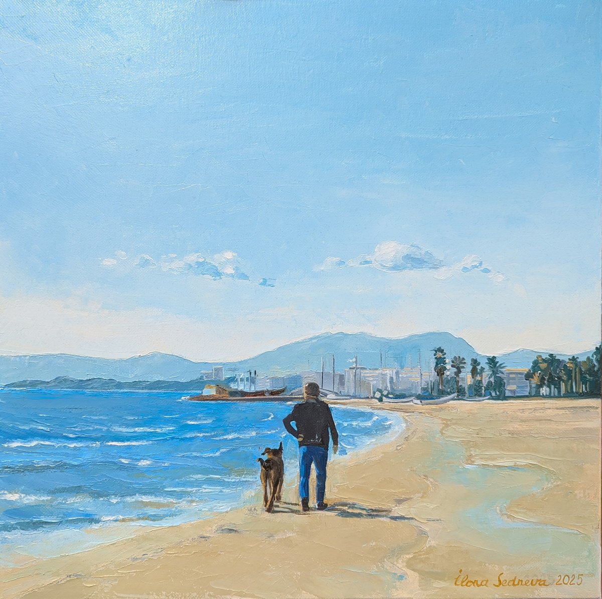 Landscape Oil Painting By Ilona Sedneva, 16 X 16, Sunny Day At The Beach - Salou, Original Artwork