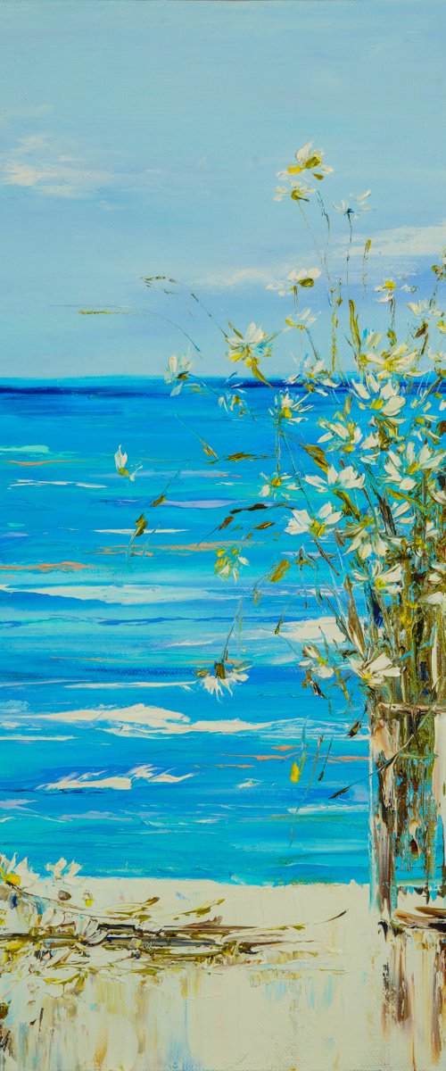SEA VIEW - Sea motives. Delicate bouquet. Waves. Daisies. Horizon. Memories. Storm. Deep sea. Ocean. Shore. by Marina Skromova