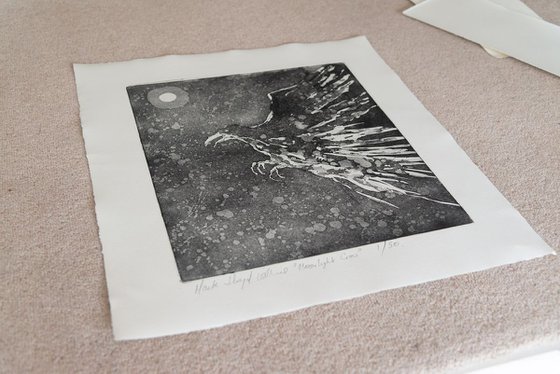 MOONLIGHT CROW hand printed large etching