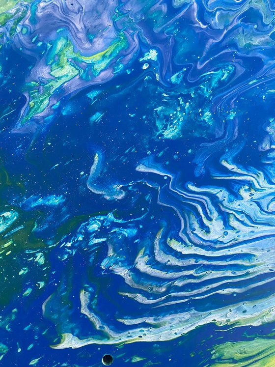 "Atomic Ripple" - Original Abstract PMS Fluid Acrylic Painting on a Recycled Desk Panel - 30 x 18 inches