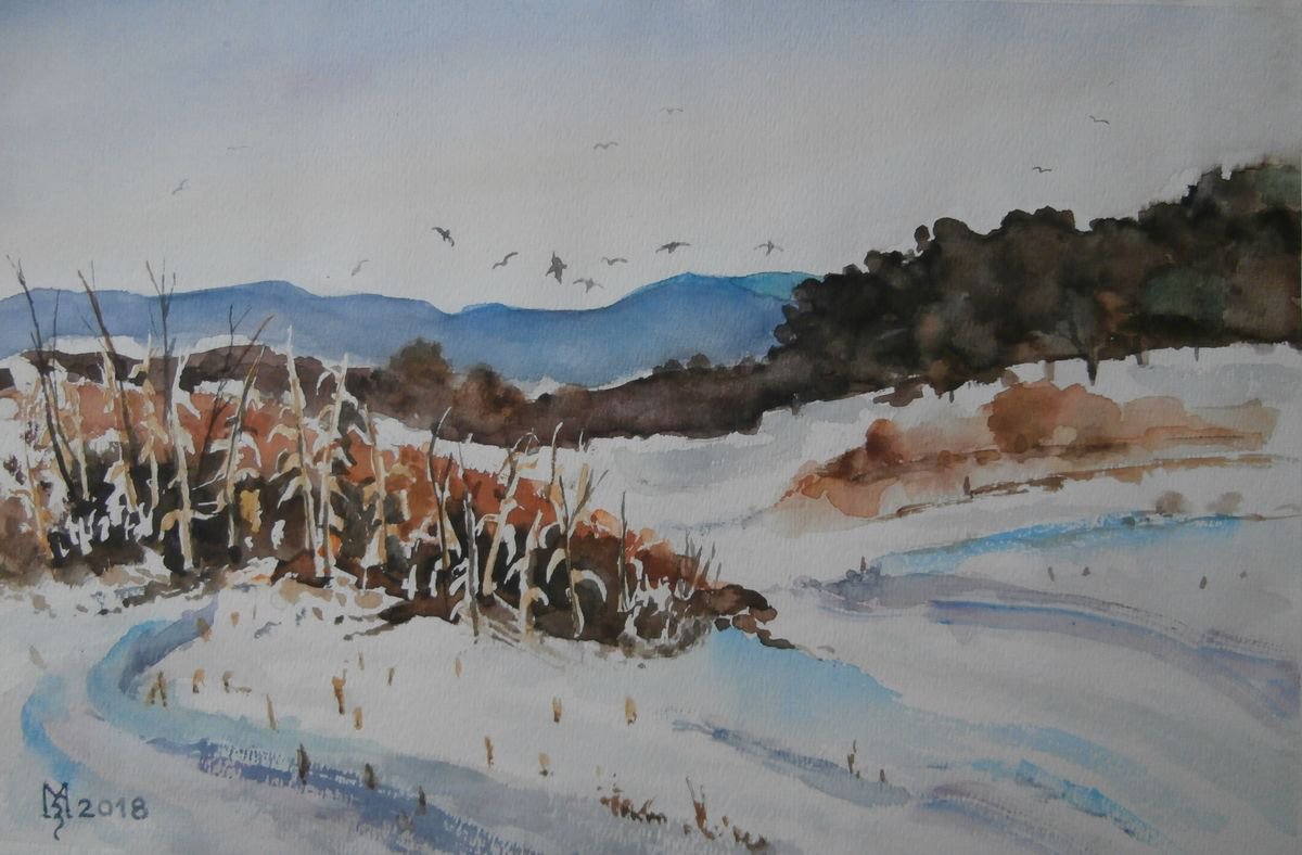 Impressionistic Landscape Watercolour By Zoran Mihajlovic Muza, 11 X 8", Snow Covered The Hill, Original Artwork