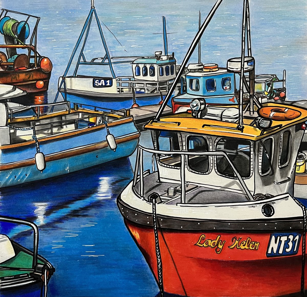 Illustrative Painting , Swansea Fishing Boats By Karen Elaine Evans, 10 X 10, Artwork For Sale On Artfinder