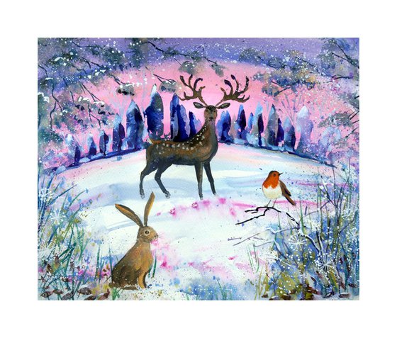 Deer in the clearing pink sky