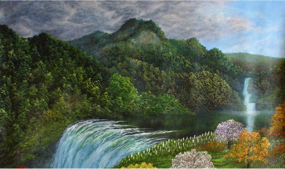 Mountain Waterfall Landscape Painting