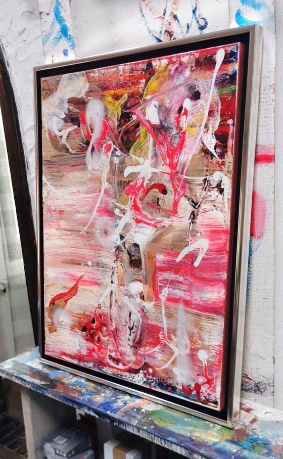 Framed red and white gestural action painting abstract still life pot with flowers O KLOSKA