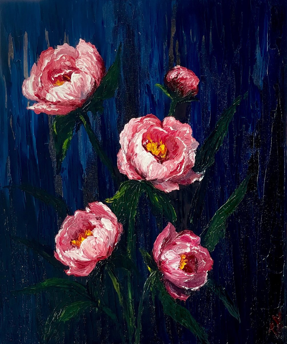 Expressive Botanical Oil Painting By Anastasiia Novitskaya, 20 X 24, Nocturnal Symphony, Original Artwork