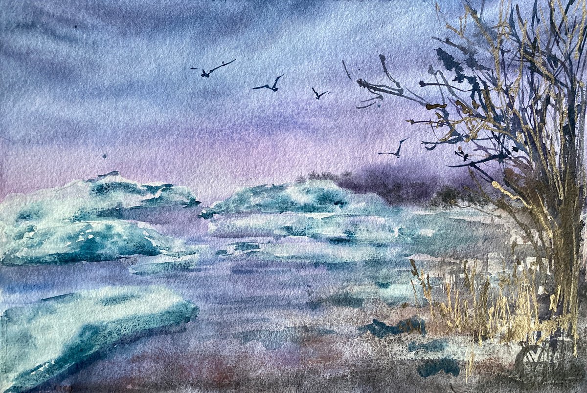 Impressionistic Landscape Watercolour By Valeria Golovenkina, 17 X 11", Spring Is Here - North Sea 2, Original Artwork