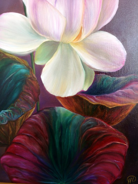 Lotus Magic, Lotus painting, lotus painting, lotus in oil, white lotus, lotus with leaves, oil painting, original gift, home decor, Flowering, Spring, Leaves, Living Room, leaves,  flower picture, petals,  delicate flowers, painting with white flowers