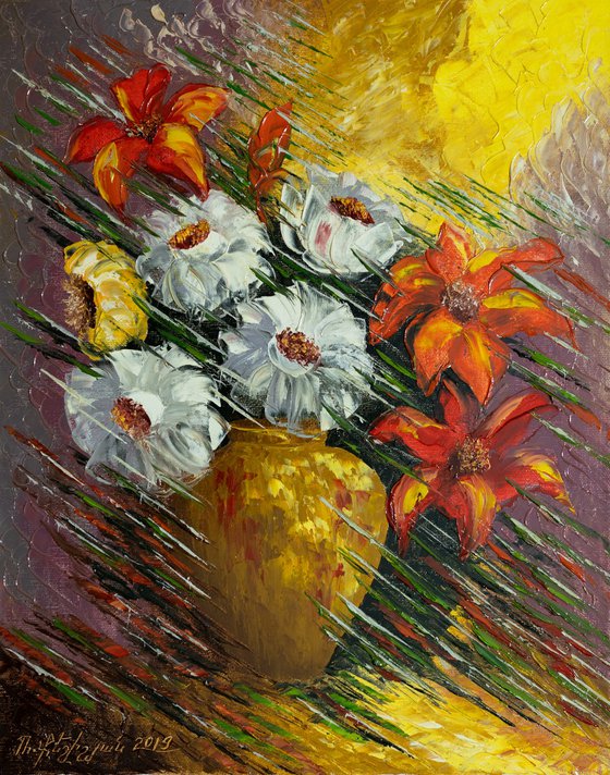 Flowers (40x50cm, oil painting, palette knife)