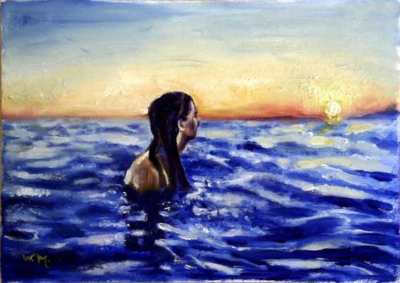 SUMMER MEDITATION BY THE SEA - Seascape painting-30 x 20.5 cm