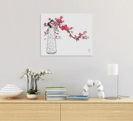 Red plum in a vase - Oriental Chinese Ink Painting