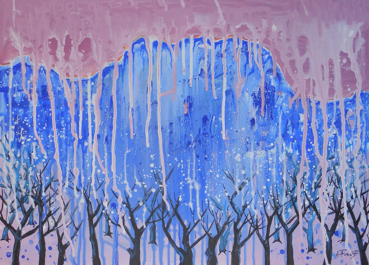Abstract Landscape Acrylic Painting By Alexander Titorenkov, 28 X 20, Blue Forest, Original Artwork