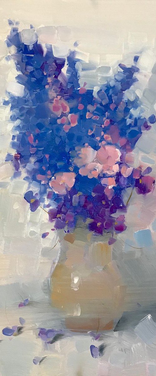 Vase of Blue Flowers, Oil painting, One of a kind, Handmade artwork by Vahe Yeremyan