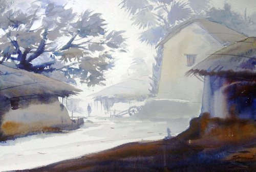 Early Morning Village - Watercolor Painting by Samiran Sarkar
