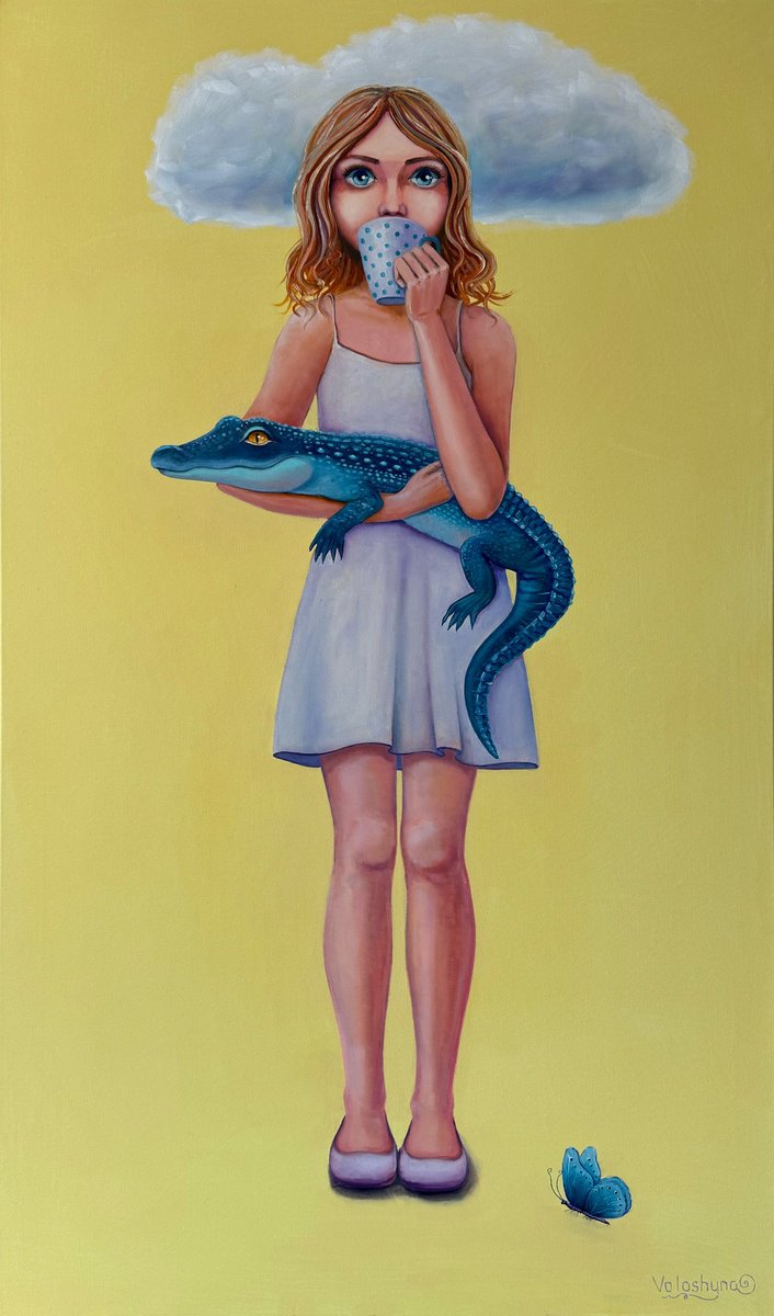 Surrealistic Portrait Oil Painting By Mary Voloshyna, 28 X 47", Girl With A Crocodile, Original Artwork