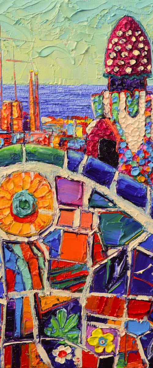 ABSTRACT CITYSCAPE - GAUDI'S SUNFLOWER MOSAIC BARCELONA PARK GUELL - textural impressionist abstract stylized city view impasto palette knife oil painting by Ana Maria Edulescu by ANA MARIA EDULESCU