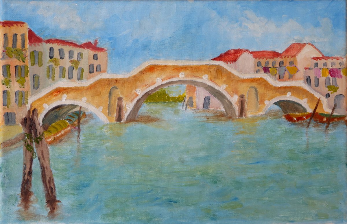 Impressionistic Landscape Oil Painting By Maddalena Pacini, 12 X 8", Ponte Dei Tre Arche, Venice, Original Artwork