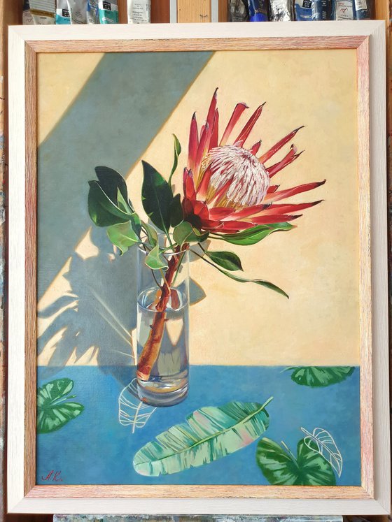 "African rose."  still life summer Protea flower liGHt original painting  GIFT (2020)