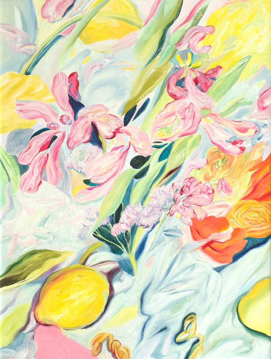 Surrealistic Still Life Oil Painting By Daria Galinski, 12 X 16, Still Life With Lemon And Flowers, Original Artwork