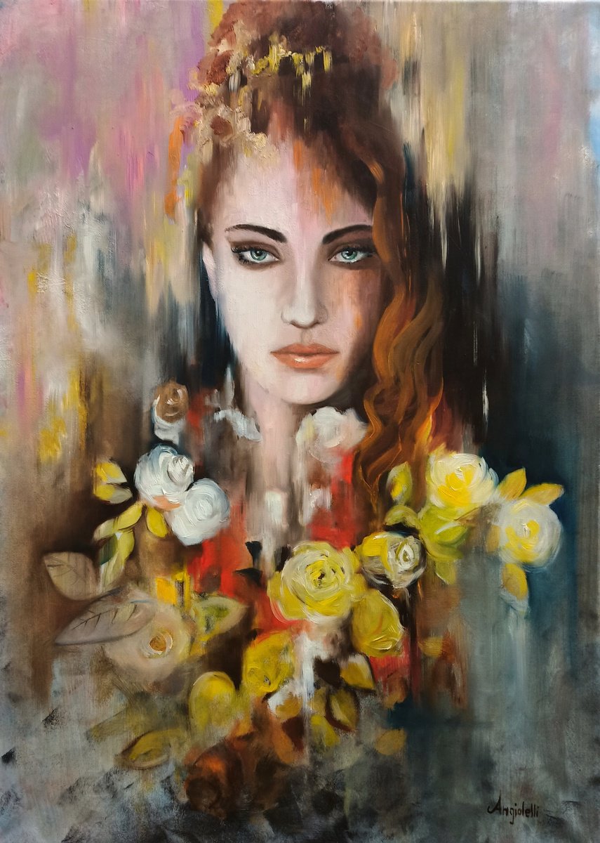 Photorealistic Portrait Oil Painting By Anna Rita Angiolelli, 20 X 28, Queen Of Flowers, Original Artwork