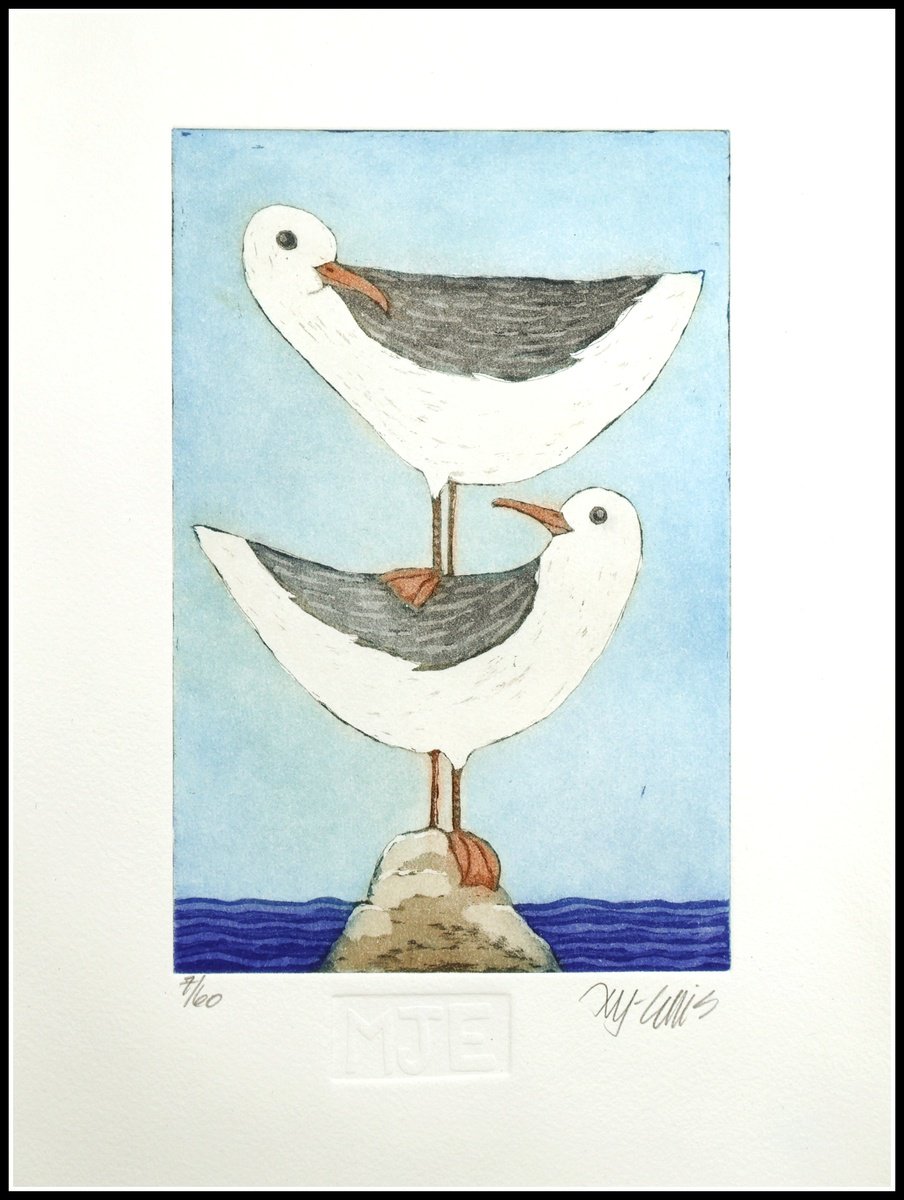 Illustrative Animal Etchings & Engravings By Mariann Johansen-Ellis, 10 X 14", Two Seagulls, Original Artwork