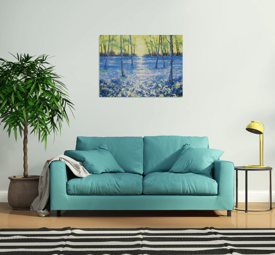 Blue Tranquility (Large Bluebell Woods painting, large trees painting)