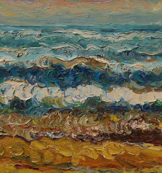 BY THE OCEAN - original painting sea swimming landscape art yellow blue beach sea seascape art nature art office interior home decor