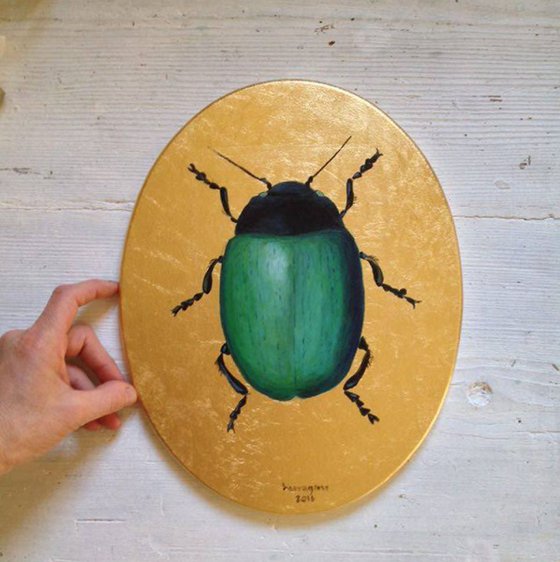 My Big Green Beetle Oil Painting on Oval Lacquered Golden Leaf Canvas Frame