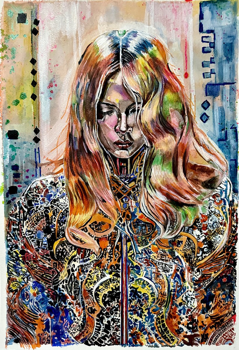 Abstract Portrait Acrylic Painting By Misty Lady - M. Nierobisz, 13 X 19", Glimpses Of Klimt, Original Artwork