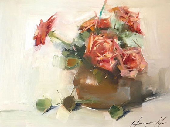 Vase of Roses, Oil painting, One of a kind, Signed, Handmade artwork