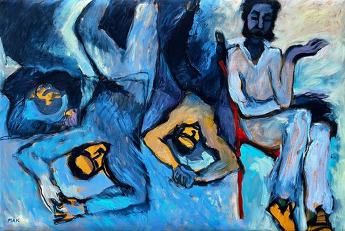 SWEET DREAMS - blue & grey figurative art, medium-sized painting by Irene Makarova