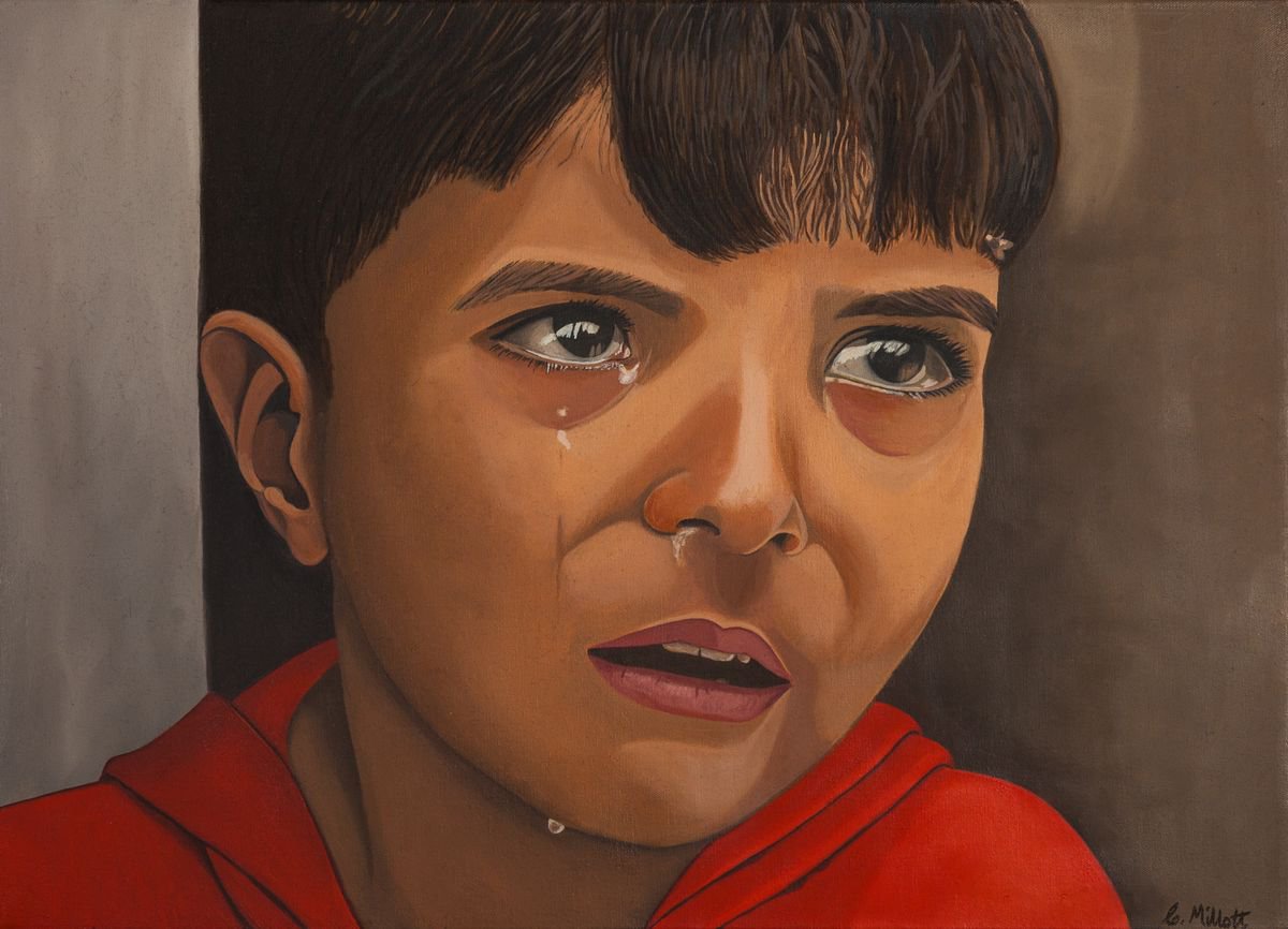 Expressive Portrait Oil Painting By Caroline Millott, 29 X 20, Fear And Grief In Gaza, Original Artwork